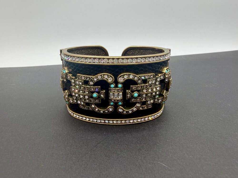 Heidi Daus Art Deco Crystal Rhinestone Black Wide Hinged Cuff Bracelet Box
